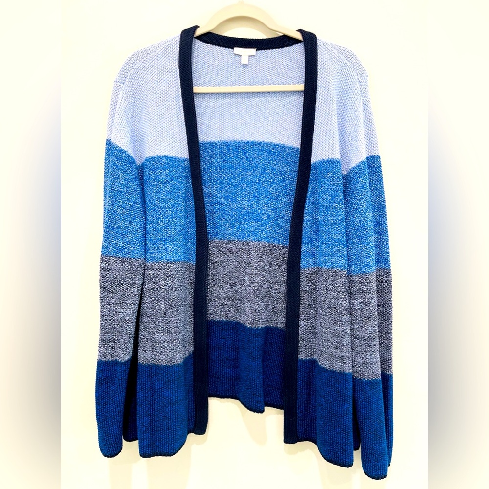 Talbots Womens Blue Striped Cardigan Cable Knit Sweater Open Front Size XL